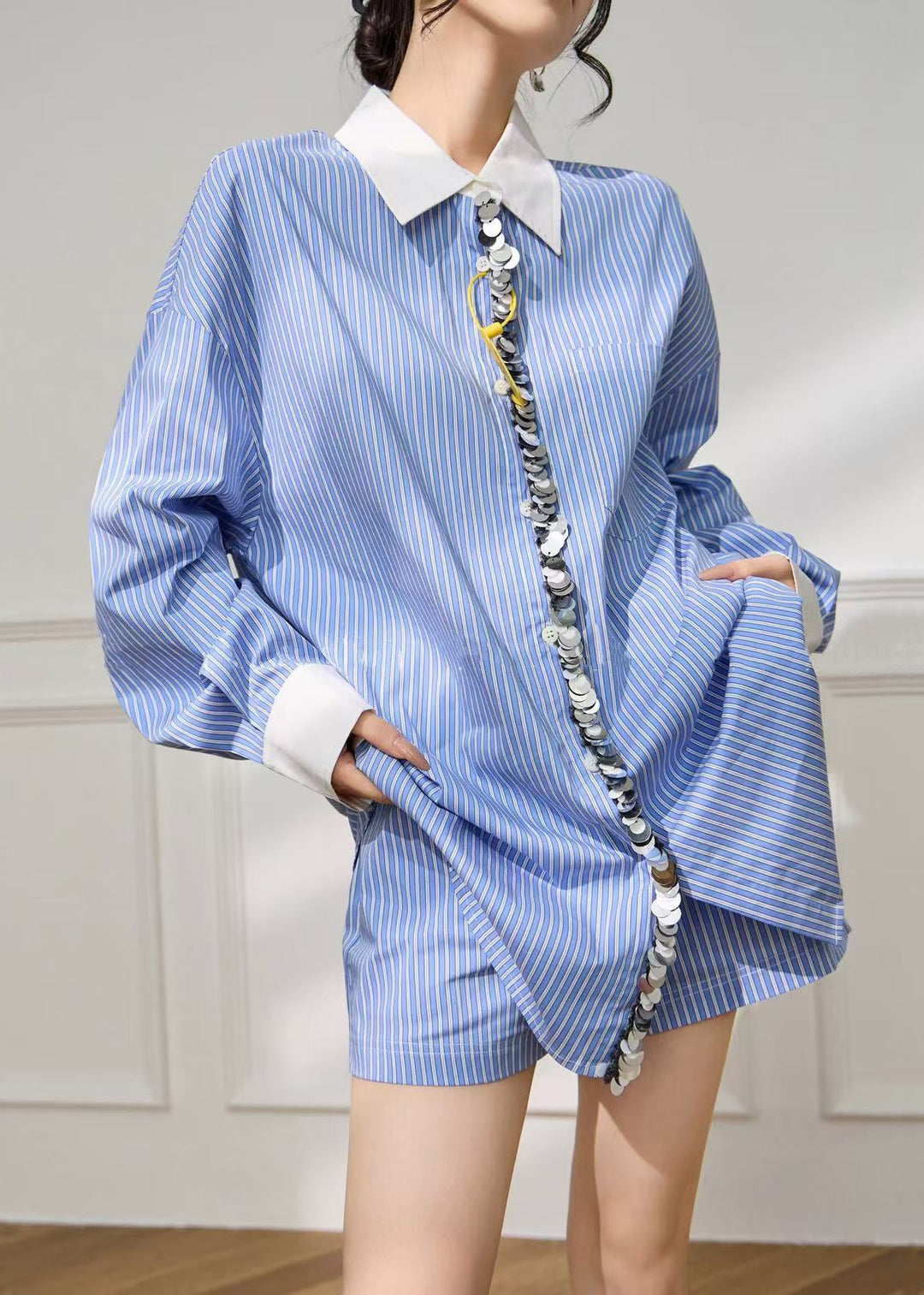Striped Blue Peter Pan Collar Sequins Shirt And Shorts Cotton Two Pieces Set