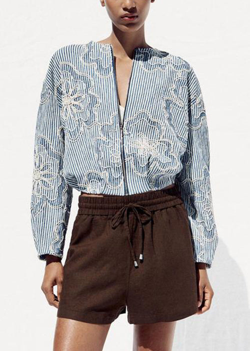 Striped Blue Zippered Original Design Cotton Coats Fall