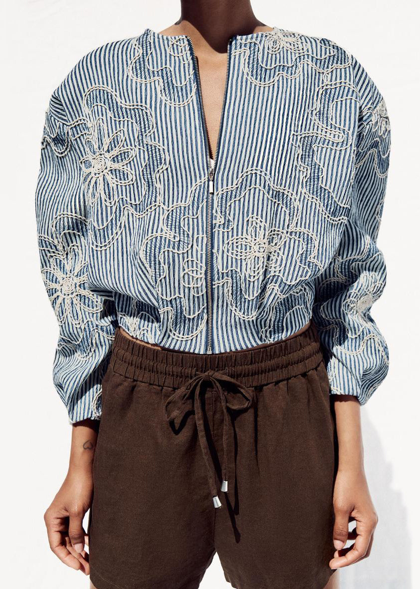 Striped Blue Zippered Original Design Cotton Coats Fall