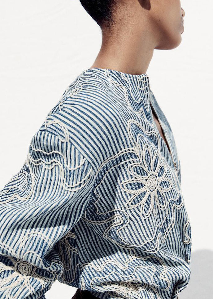 Striped Blue Zippered Original Design Cotton Coats Fall