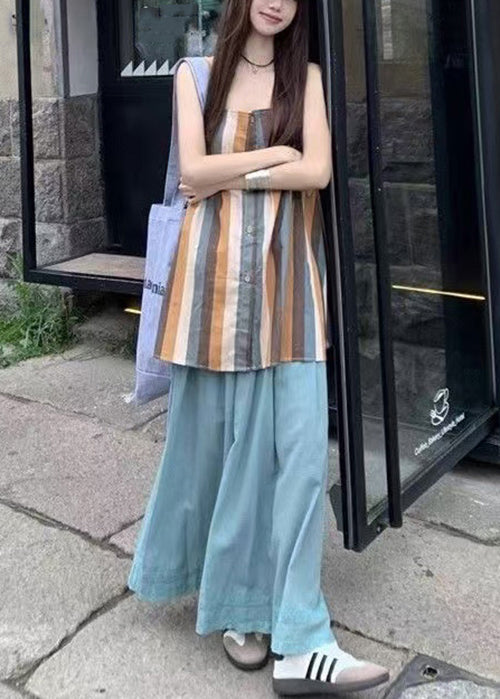 Striped Button Tank And Blue Wide Leg Pants Cotton Two Pieces Set Sleeveless