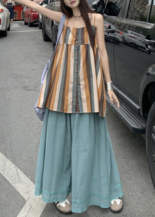 Striped Button Tank And Blue Wide Leg Pants Cotton Two Pieces Set Sleeveless