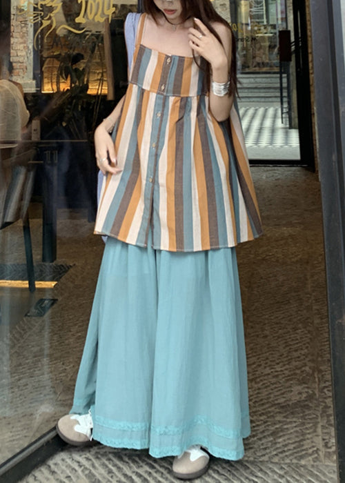 Striped Button Tank And Blue Wide Leg Pants Cotton Two Pieces Set Sleeveless