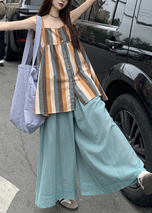 Striped Button Tank And Blue Wide Leg Pants Cotton Two Pieces Set Sleeveless