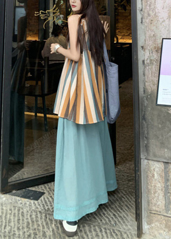 Striped Button Tank And Blue Wide Leg Pants Cotton Two Pieces Set Sleeveless