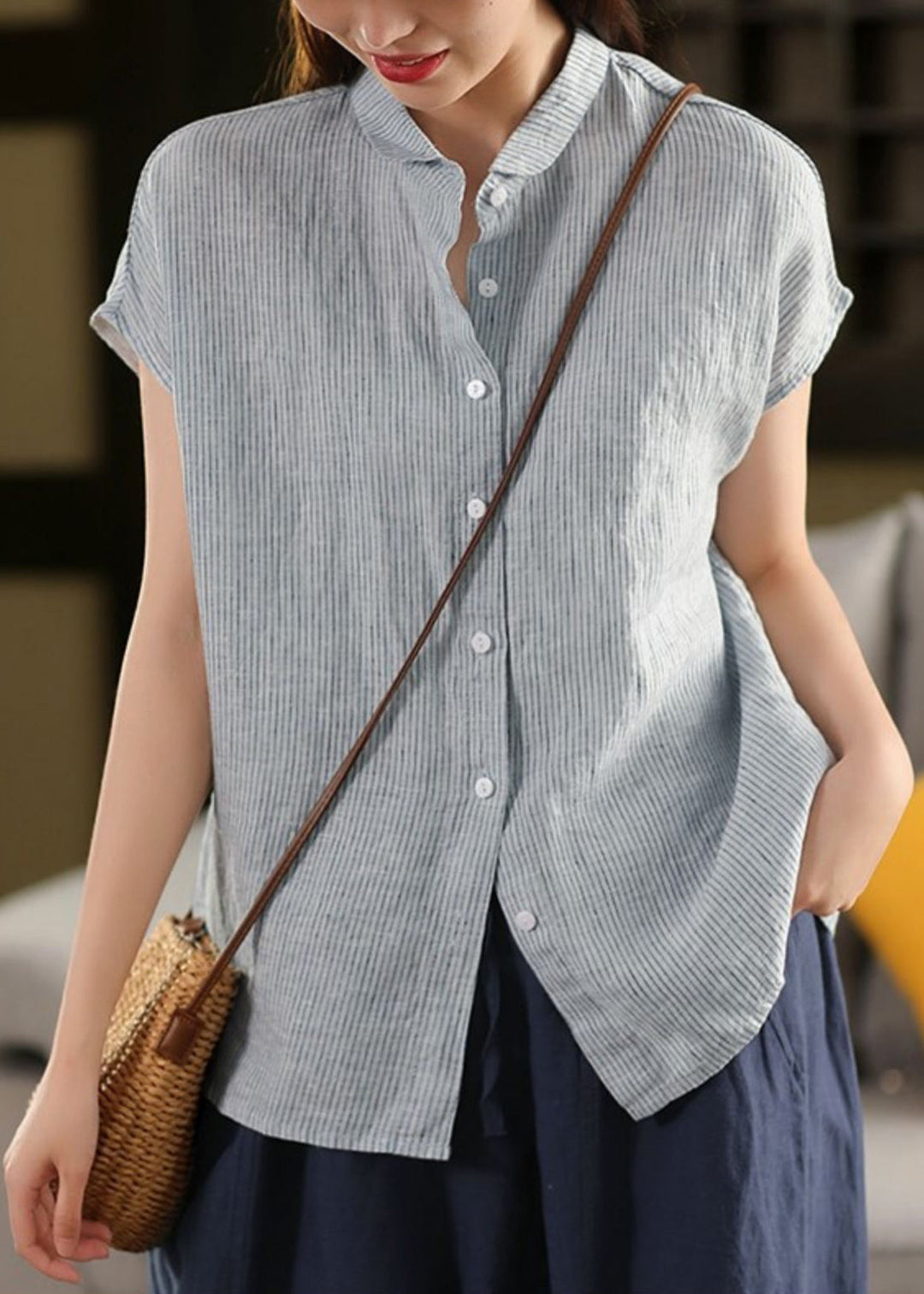 Striped Coffee Peter Pan Collar Button Linen Blouse Summer