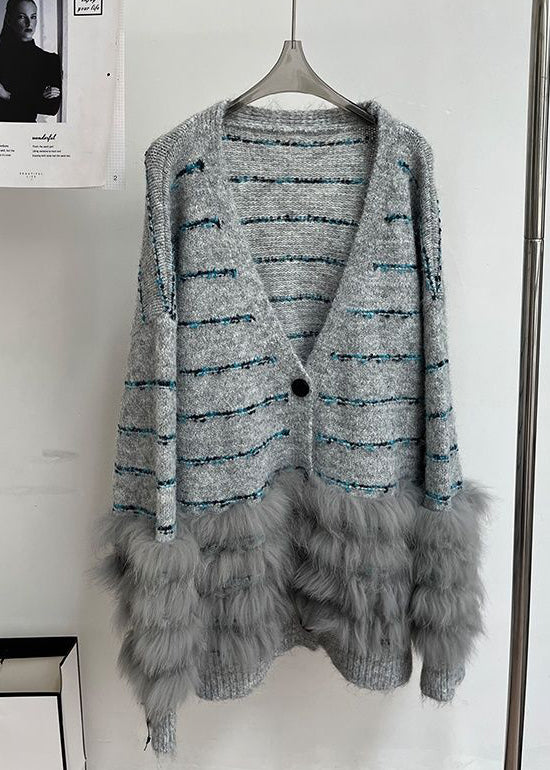Striped Coffee V Neck Fluffy Patchwork Knit Cardigans Winter