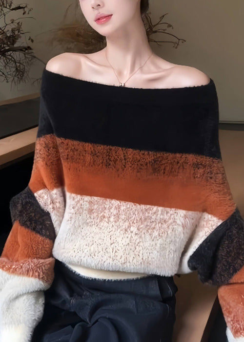 Striped Cozy Patchwork Knit Sweater Slash Neck