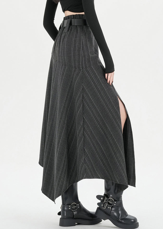 Striped Dark Gray Asymmetrical Side Open Spandex Skirt Fall