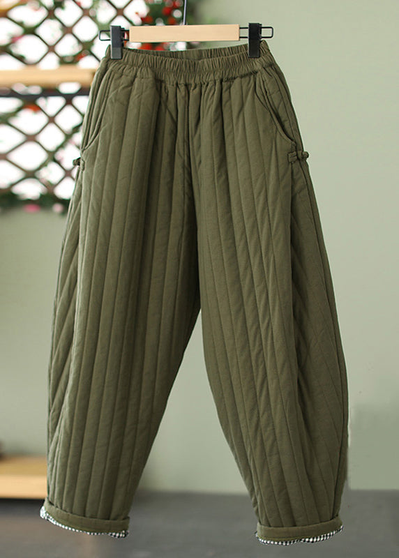 Striped Ginger Yellow Pockets Elastic Waist Cotton Filled Crop Pants Winter