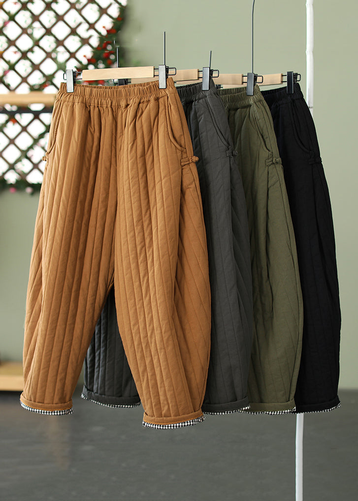 Striped Ginger Yellow Pockets Elastic Waist Cotton Filled Crop Pants Winter