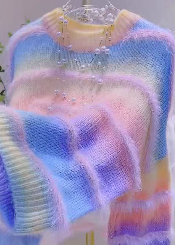 Striped Green Gradient Color O Neck Cozy Knit Sweater Winter