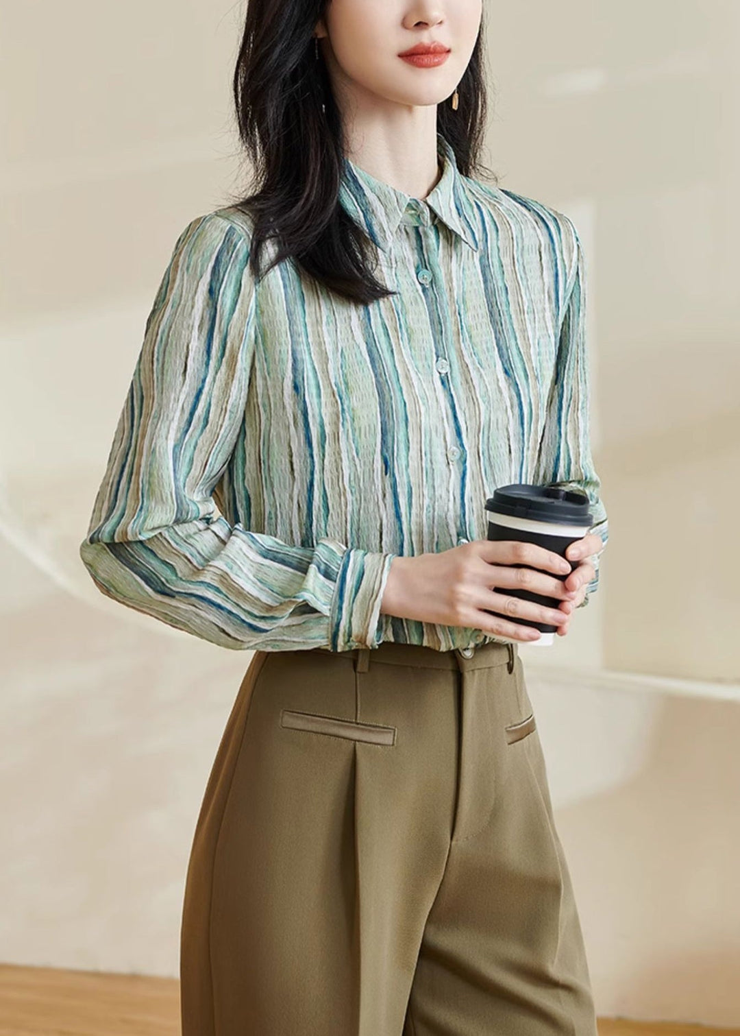 Striped Green Peter Pan Collar Button Cotton Blouses Fall