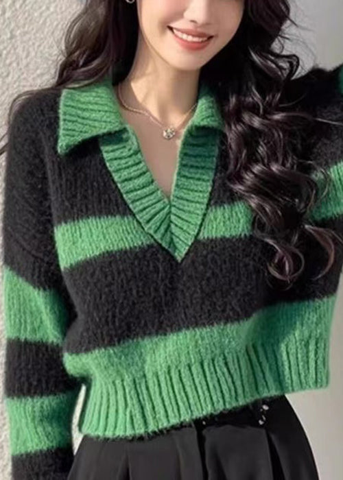 Striped Green Peter Pan Collar Cozy Knit Short Sweater Fall