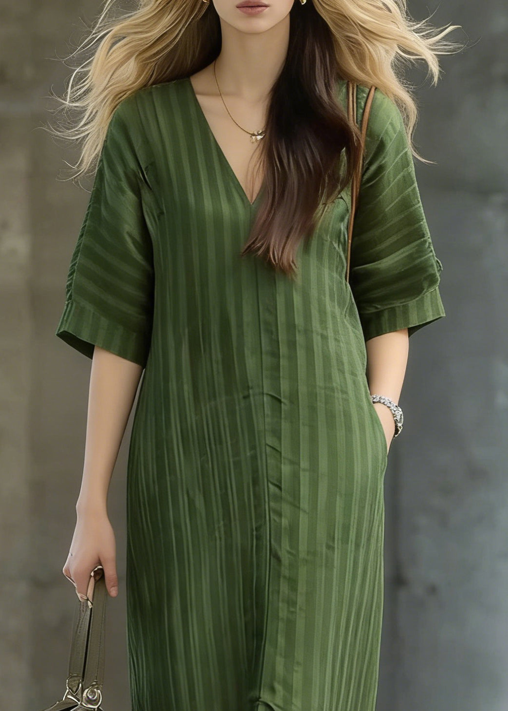 Striped Green Pockets Front Open Linen Long Dress Summer - Omychic