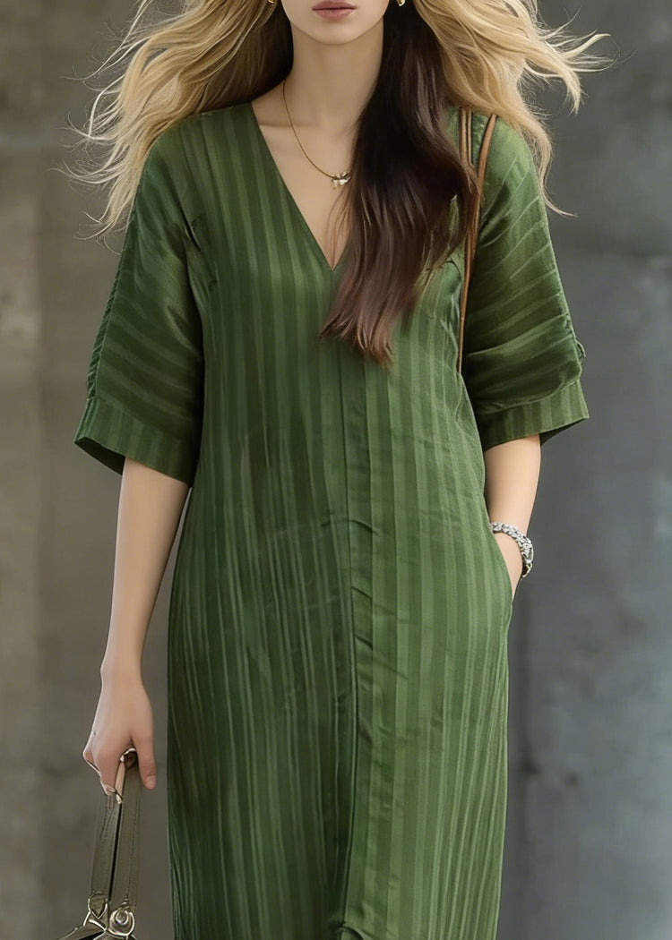 Striped Green Pockets Front Open Linen Long Dress Summer - Omychic