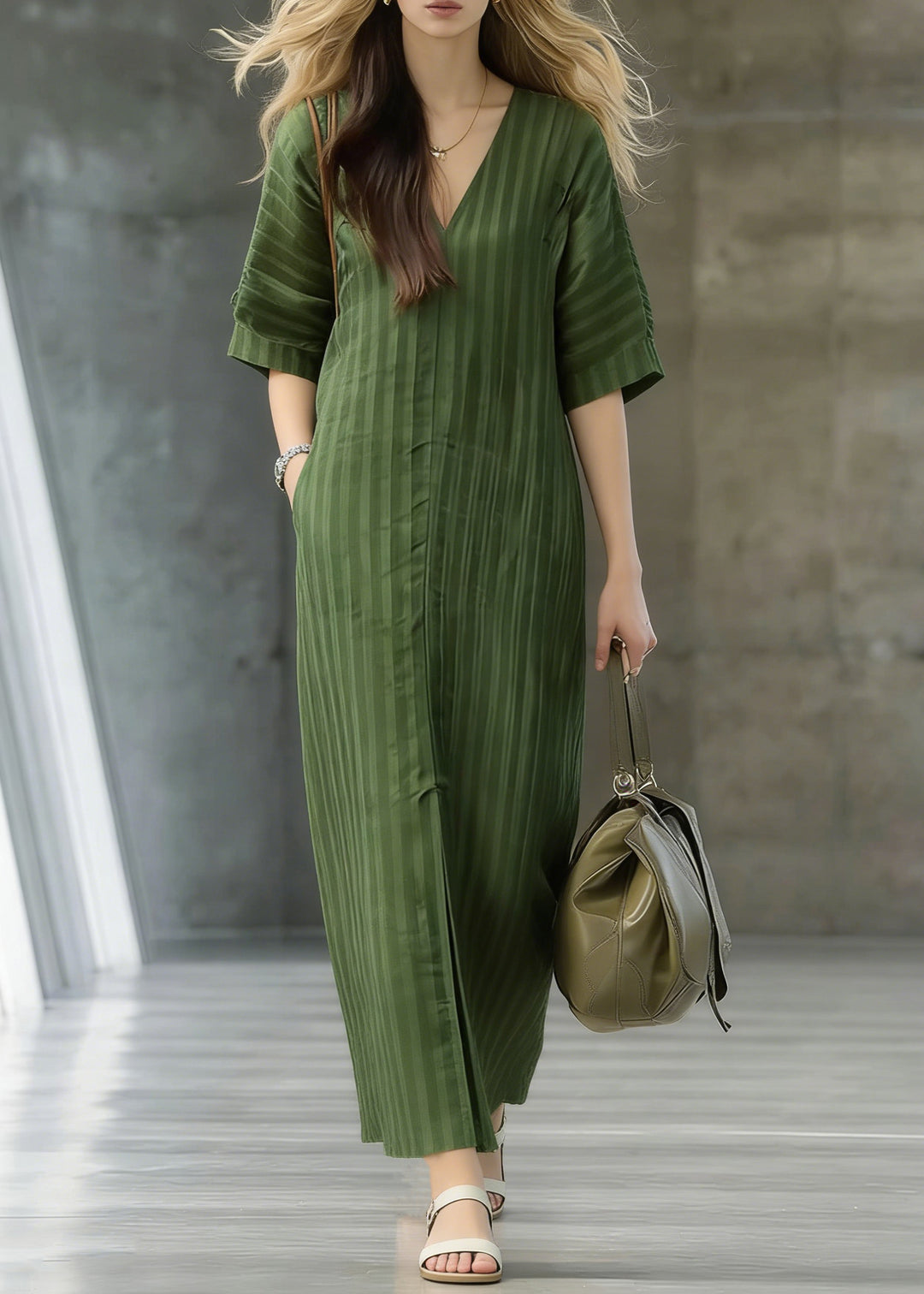 Striped Green Pockets Front Open Linen Long Dress Summer - Omychic