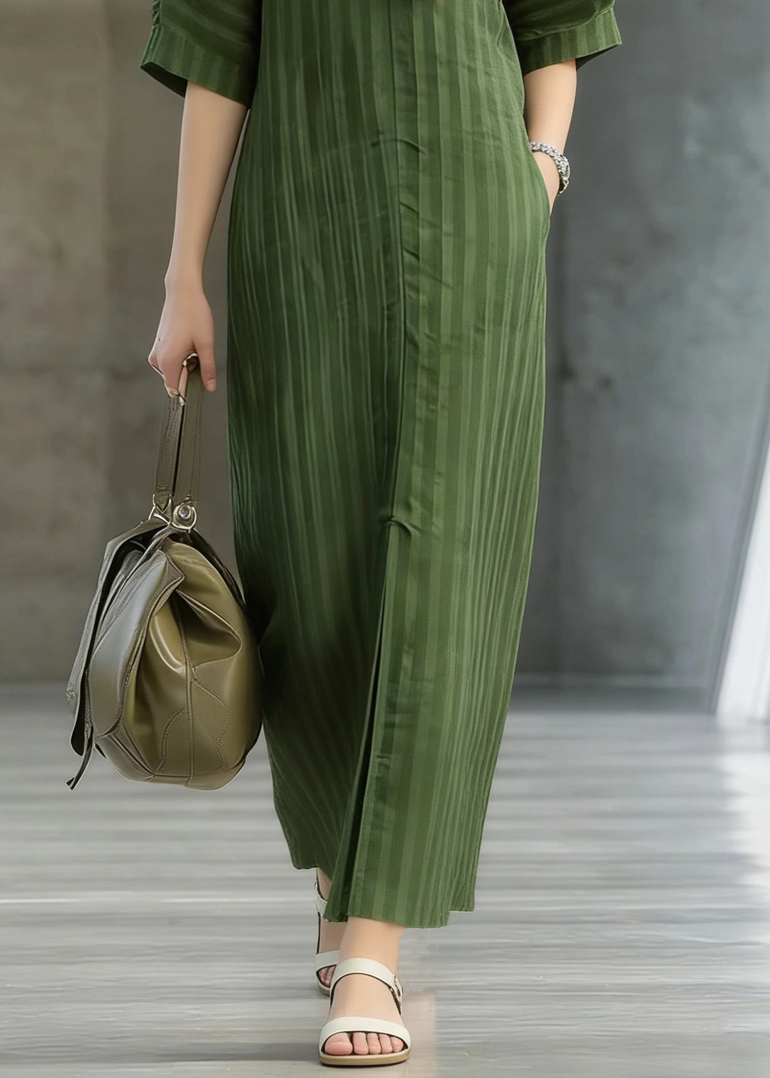 Striped Green Pockets Front Open Linen Long Dress Summer - Omychic