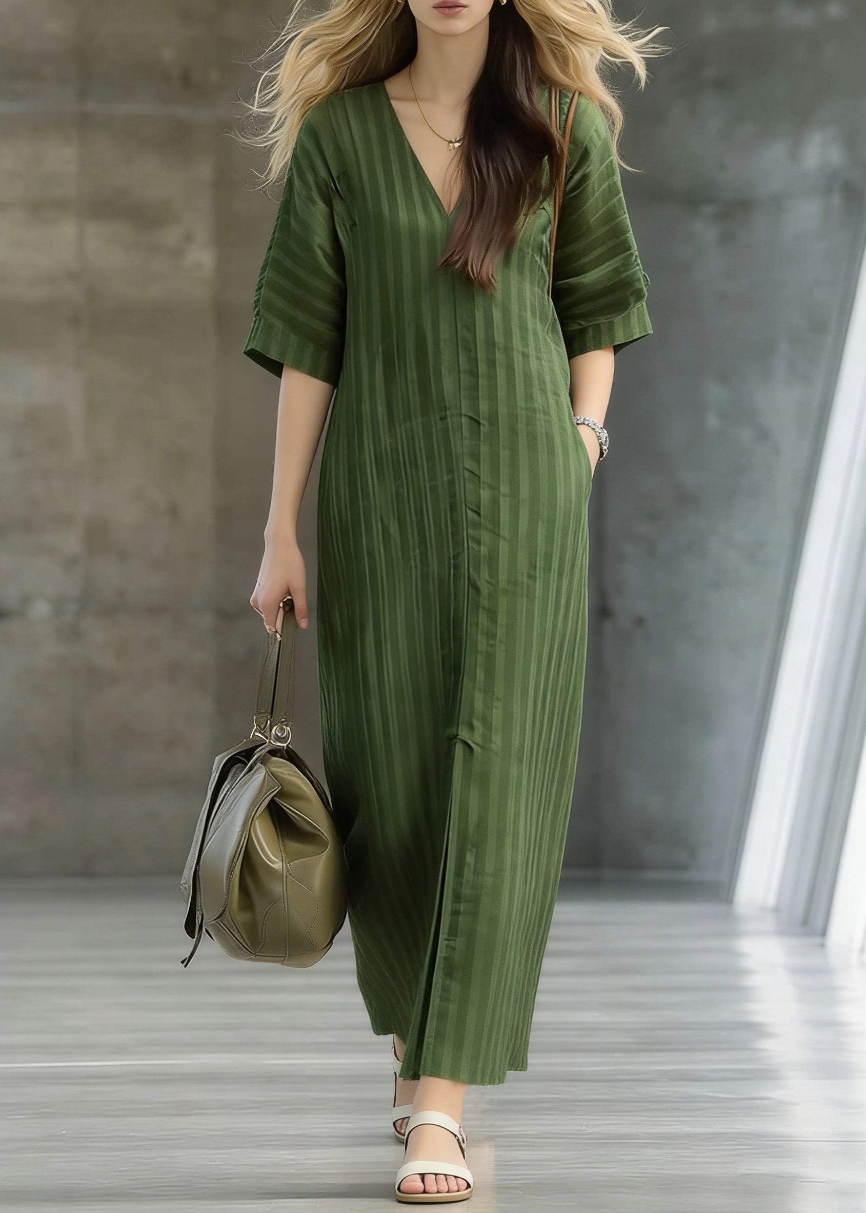 Striped Green Pockets Front Open Linen Long Dress Summer - Omychic