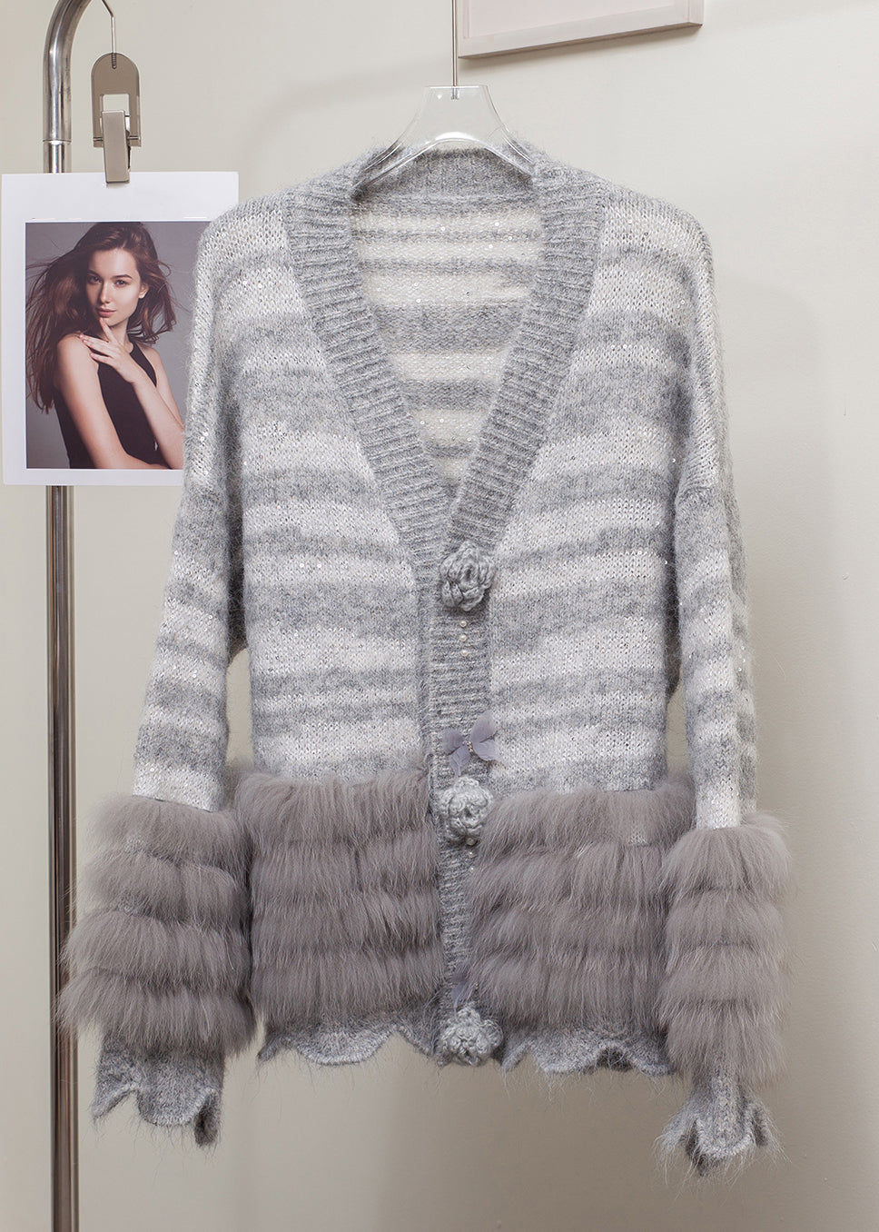 Striped Grey Floral Fox Fur Patchwork Knit Cardigans Winter