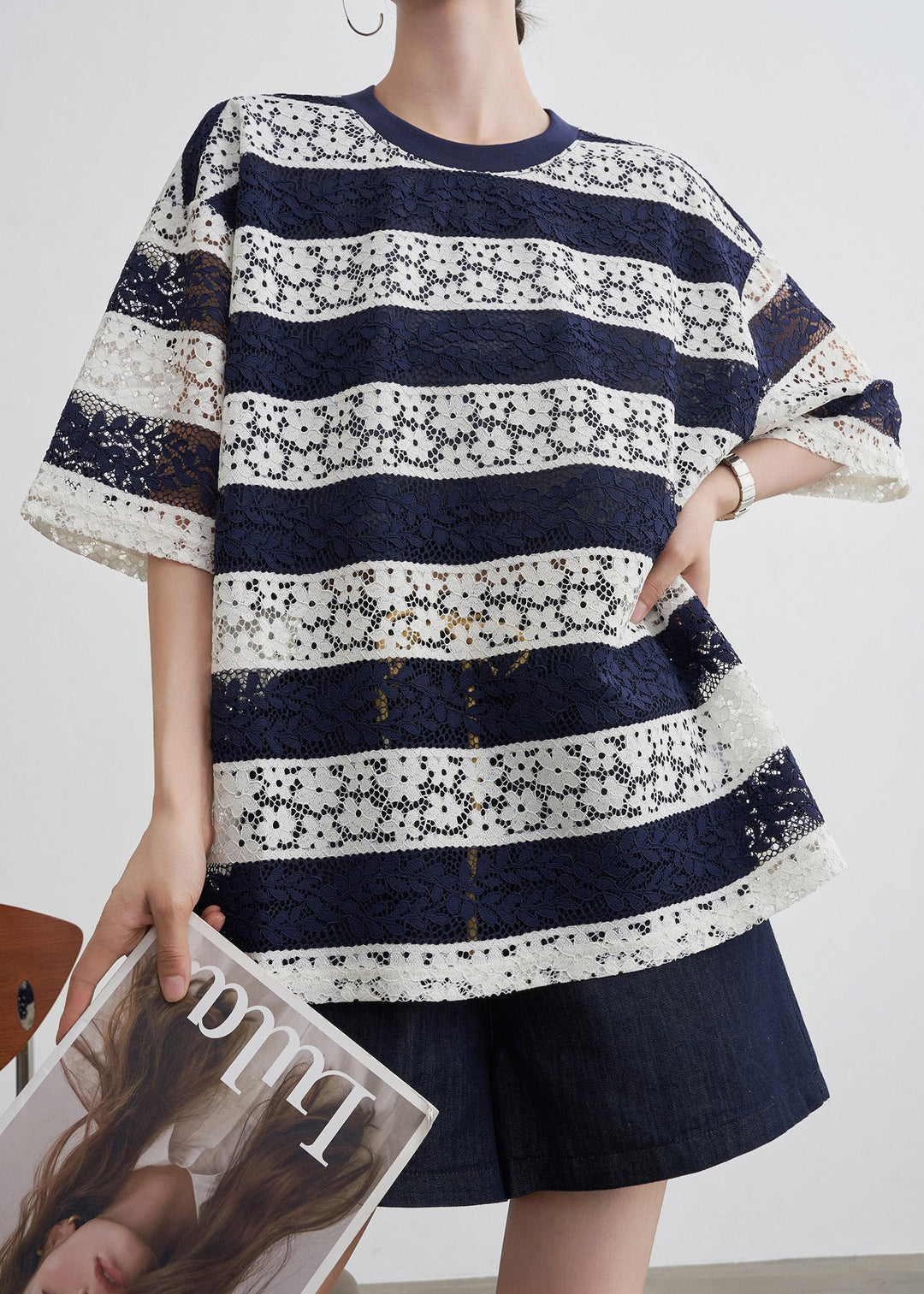 Striped Navy O Neck Hollow Out Lace T Shirts Summer