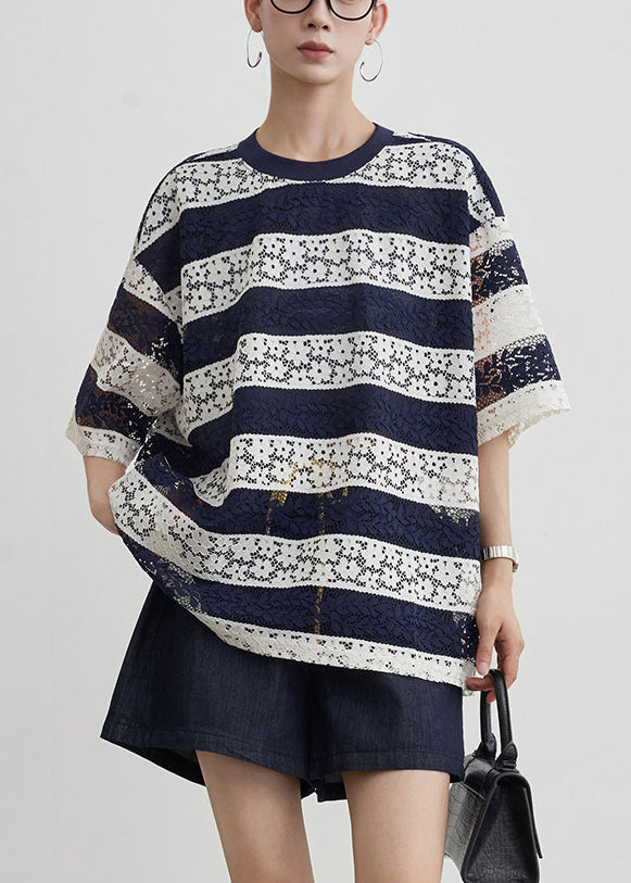 Striped Navy O Neck Hollow Out Lace T Shirts Summer