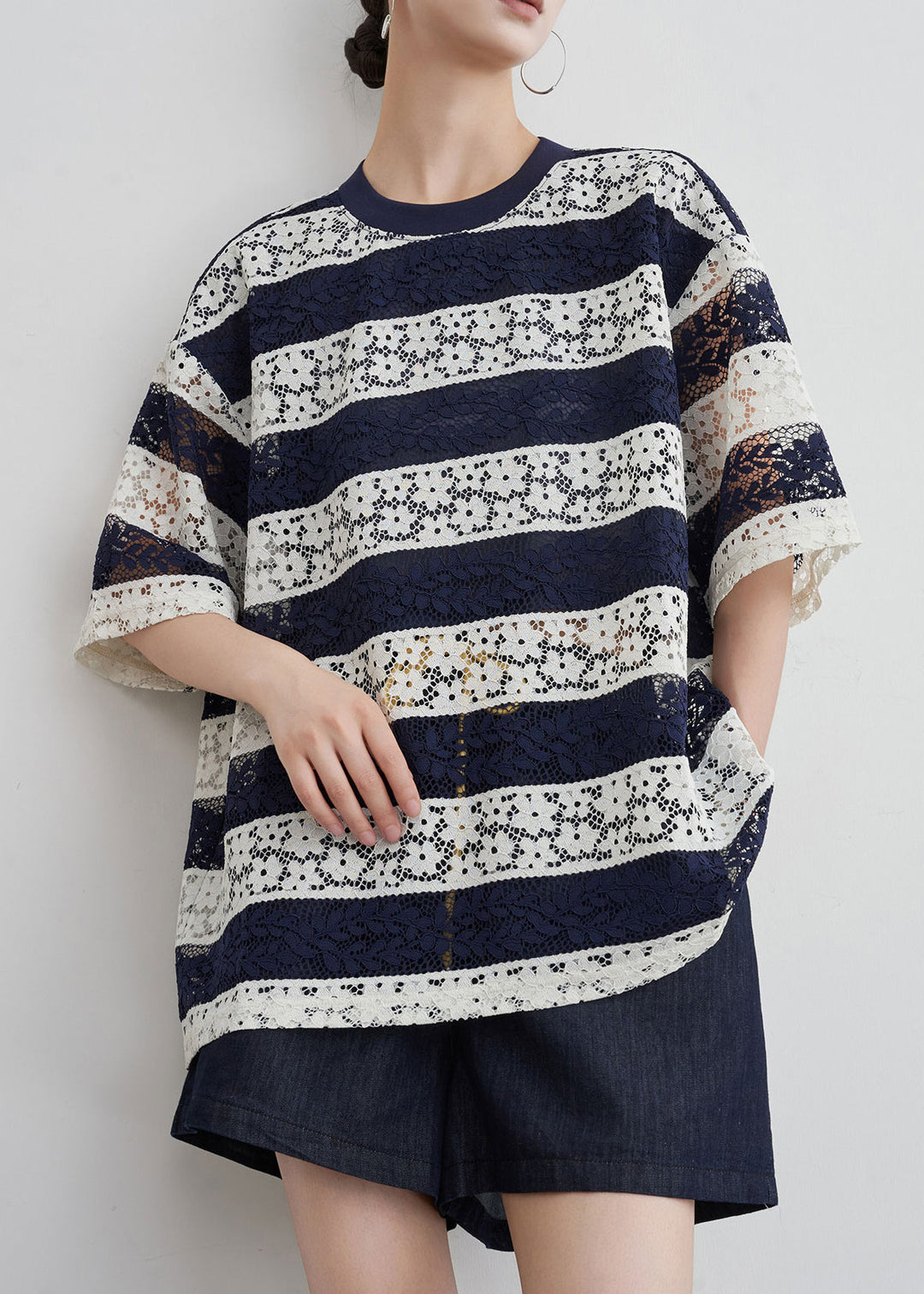 Striped Navy O Neck Hollow Out Lace T Shirts Summer