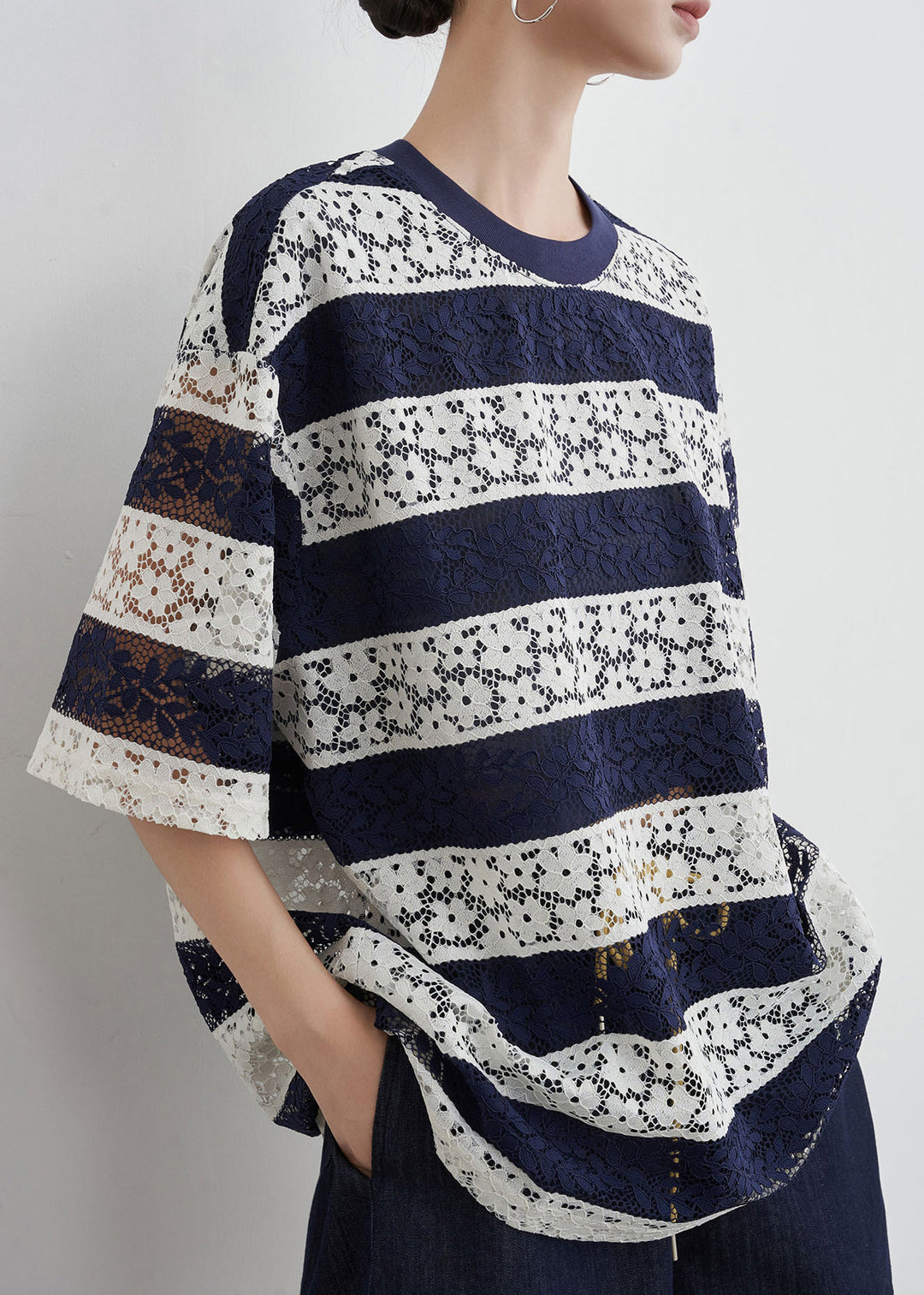 Striped Navy O Neck Hollow Out Lace T Shirts Summer