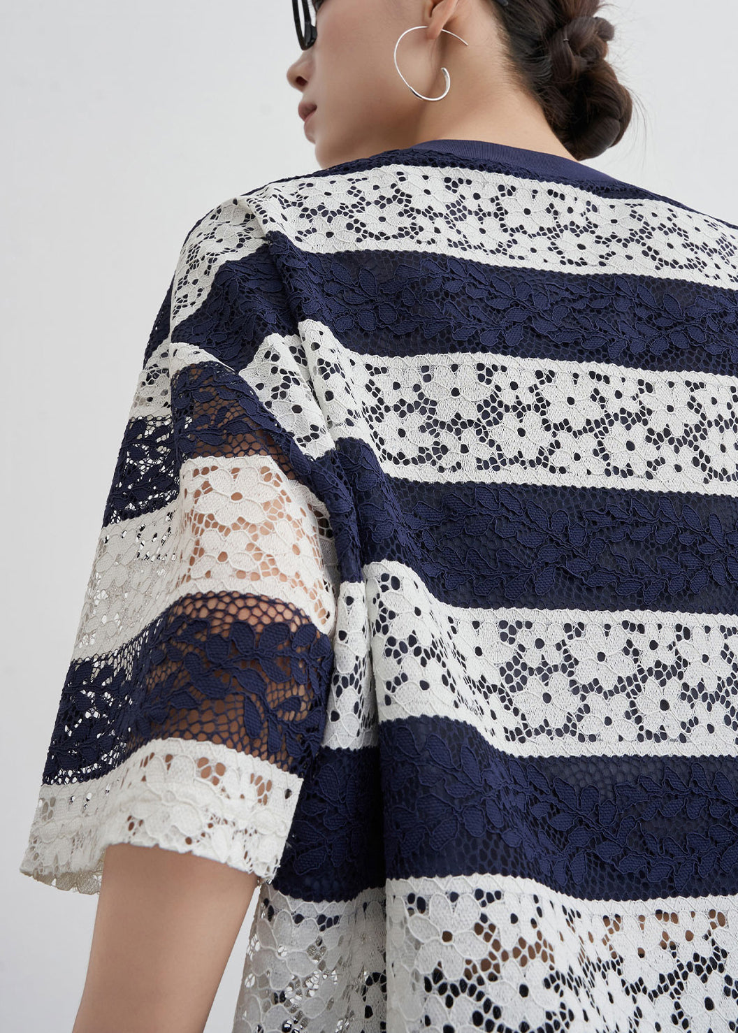 Striped Navy O Neck Hollow Out Lace T Shirts Summer