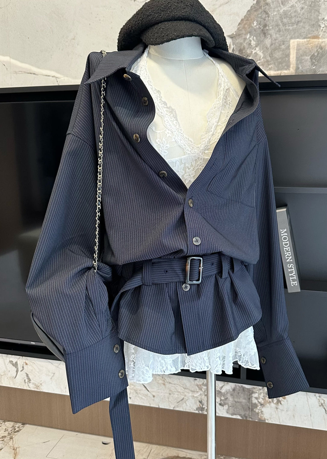 Striped Navy Peter Pan Collar Shirts And Lace Tank Cotton Two Pieces Set Fall