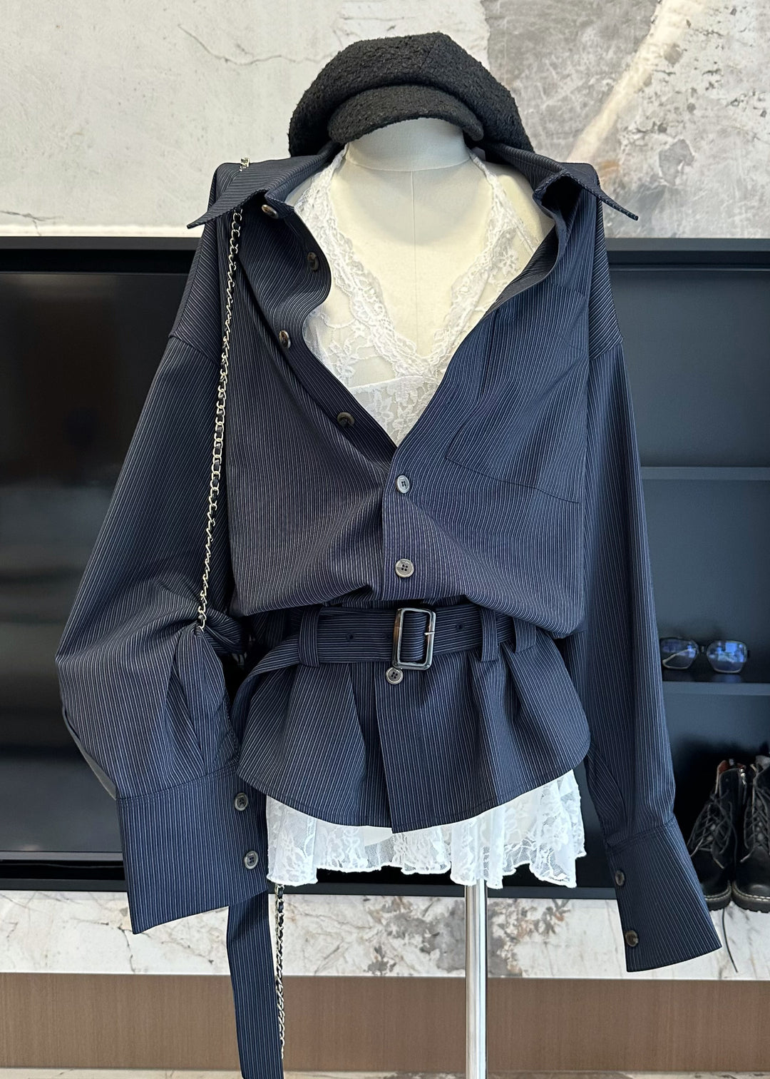 Striped Navy Peter Pan Collar Shirts And Lace Tank Cotton Two Pieces Set Fall