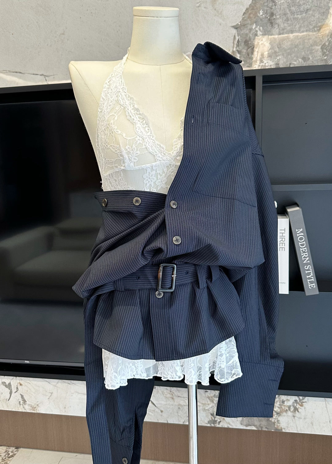 Striped Navy Peter Pan Collar Shirts And Lace Tank Cotton Two Pieces Set Fall