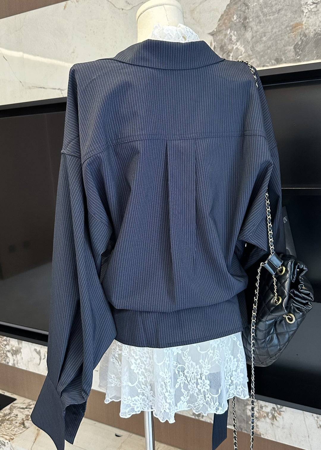 Striped Navy Peter Pan Collar Shirts And Lace Tank Cotton Two Pieces Set Fall