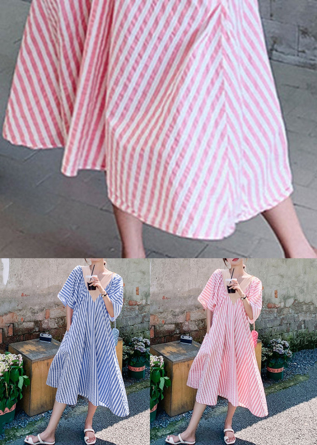 Striped Pink V Neck Pockets Cotton Long Dresses Half Sleeve