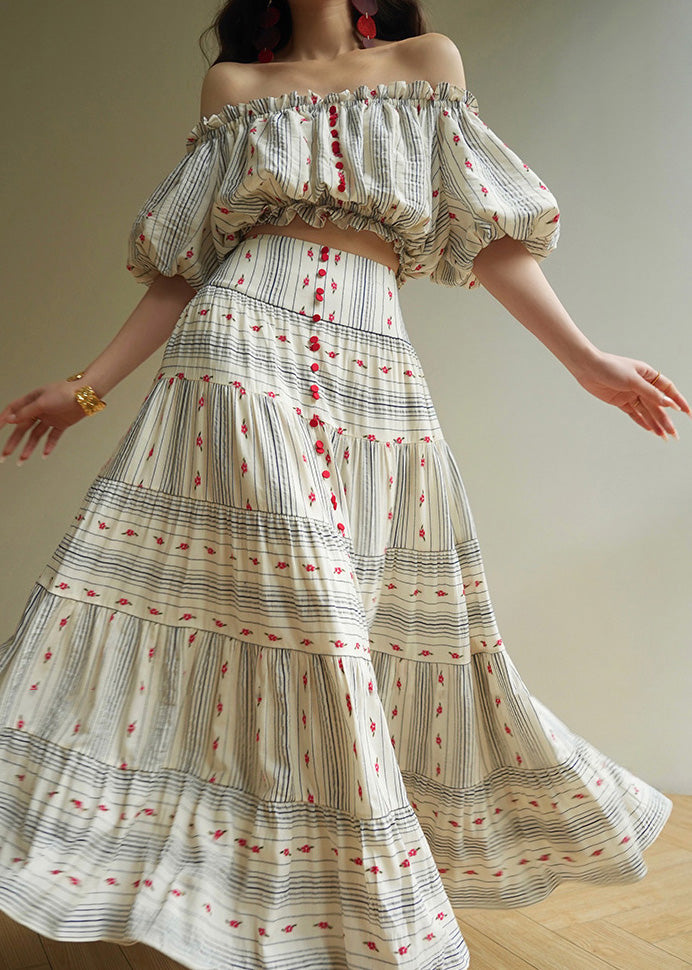 Striped Ruffled Print Tops And Skirts Cotton Two Pieces Set Summer