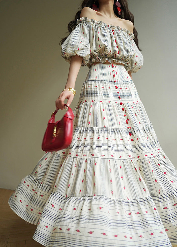 Striped Ruffled Print Tops And Skirts Cotton Two Pieces Set Summer