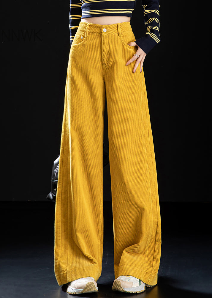 Striped Yellow Button Pockets High Waist Corduroy Wide Leg Pants Spring