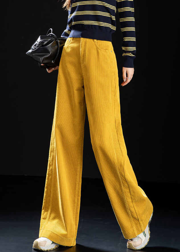 Striped Yellow Button Pockets High Waist Corduroy Wide Leg Pants Spring