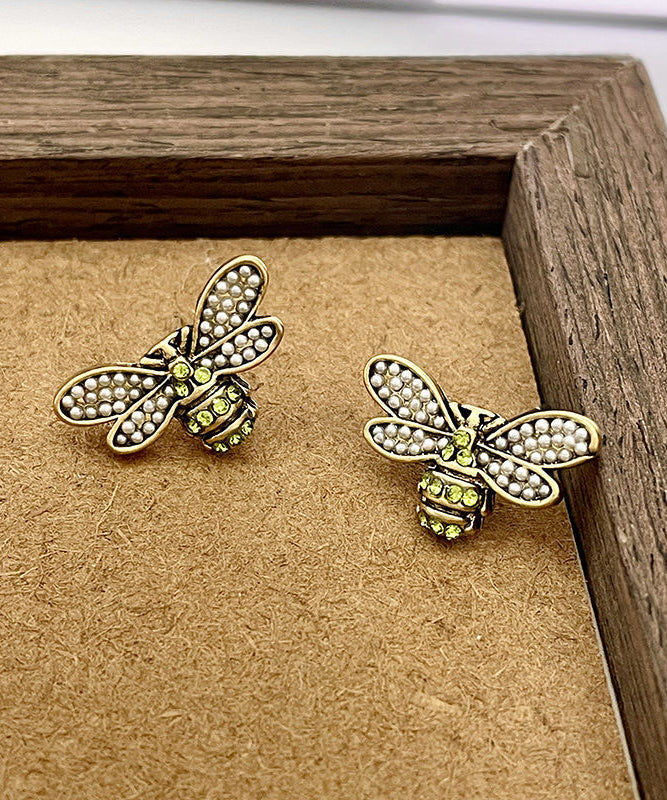 Style Ancient Gold Zircon Pearl Little Bee Stud Earrings