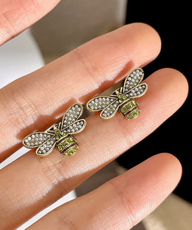 Style Ancient Gold Zircon Pearl Little Bee Stud Earrings