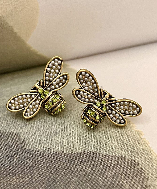 Style Ancient Gold Zircon Pearl Little Bee Stud Earrings