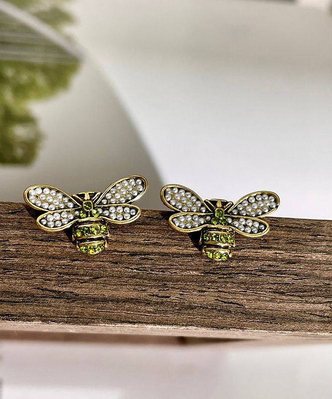 Style Ancient Gold Zircon Pearl Little Bee Stud Earrings
