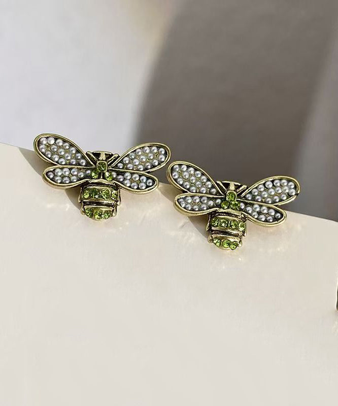 Style Ancient Gold Zircon Pearl Little Bee Stud Earrings