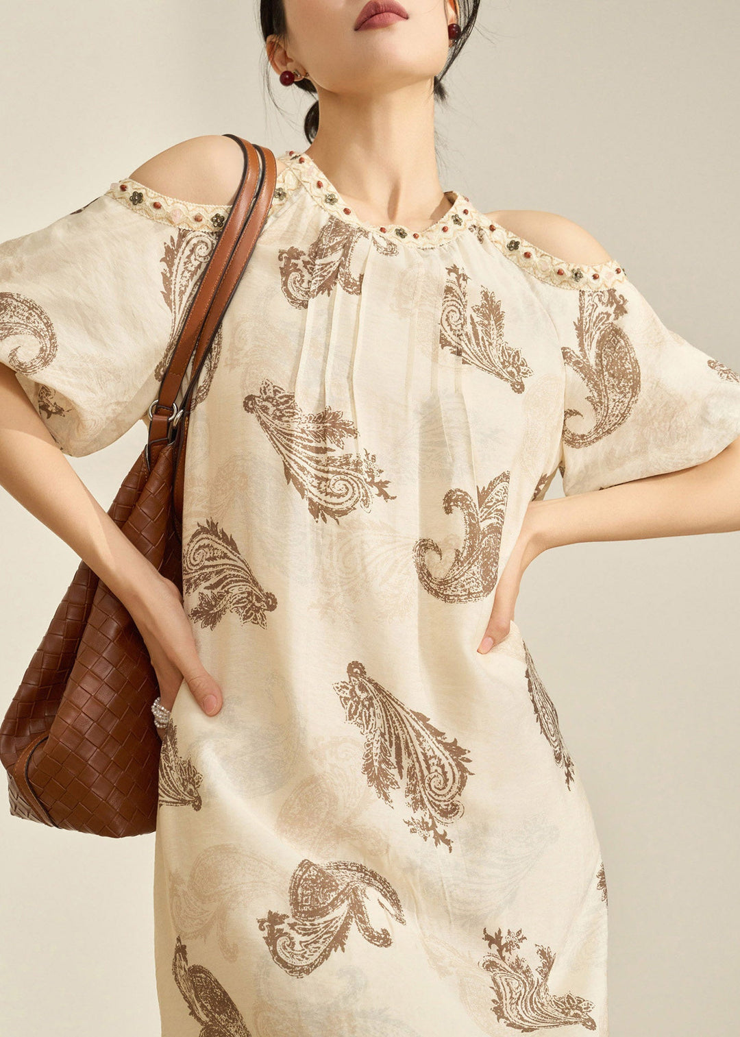 Style Apricot O-Neck Cold Shoulder Print Maxi Dress Summer