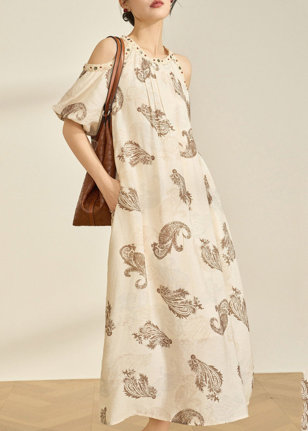 Style Apricot O-Neck Cold Shoulder Print Maxi Dress Summer