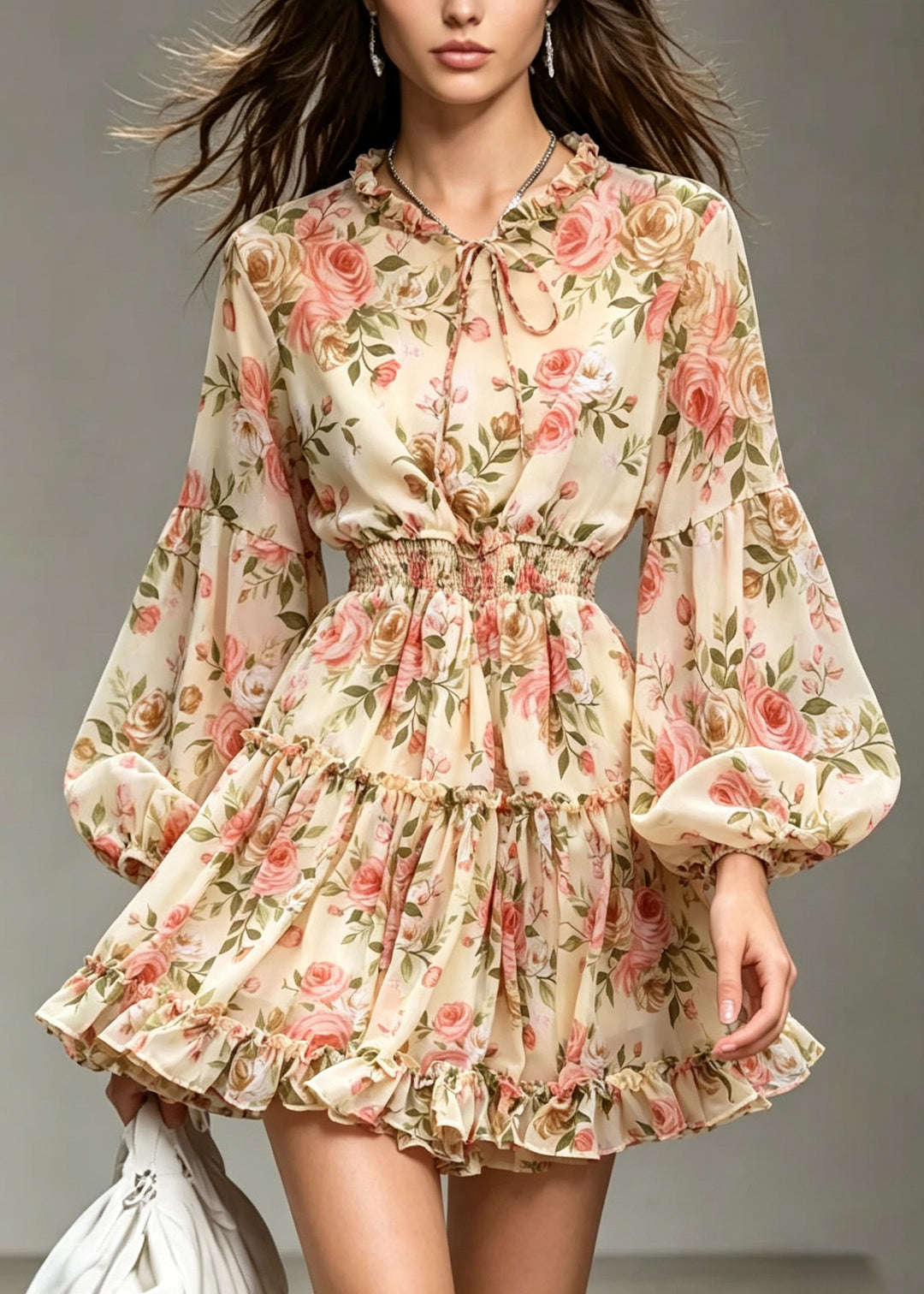 Style Apricot Ruffled Print Patchwork Chiffon Dresses Lantern Sleeve
