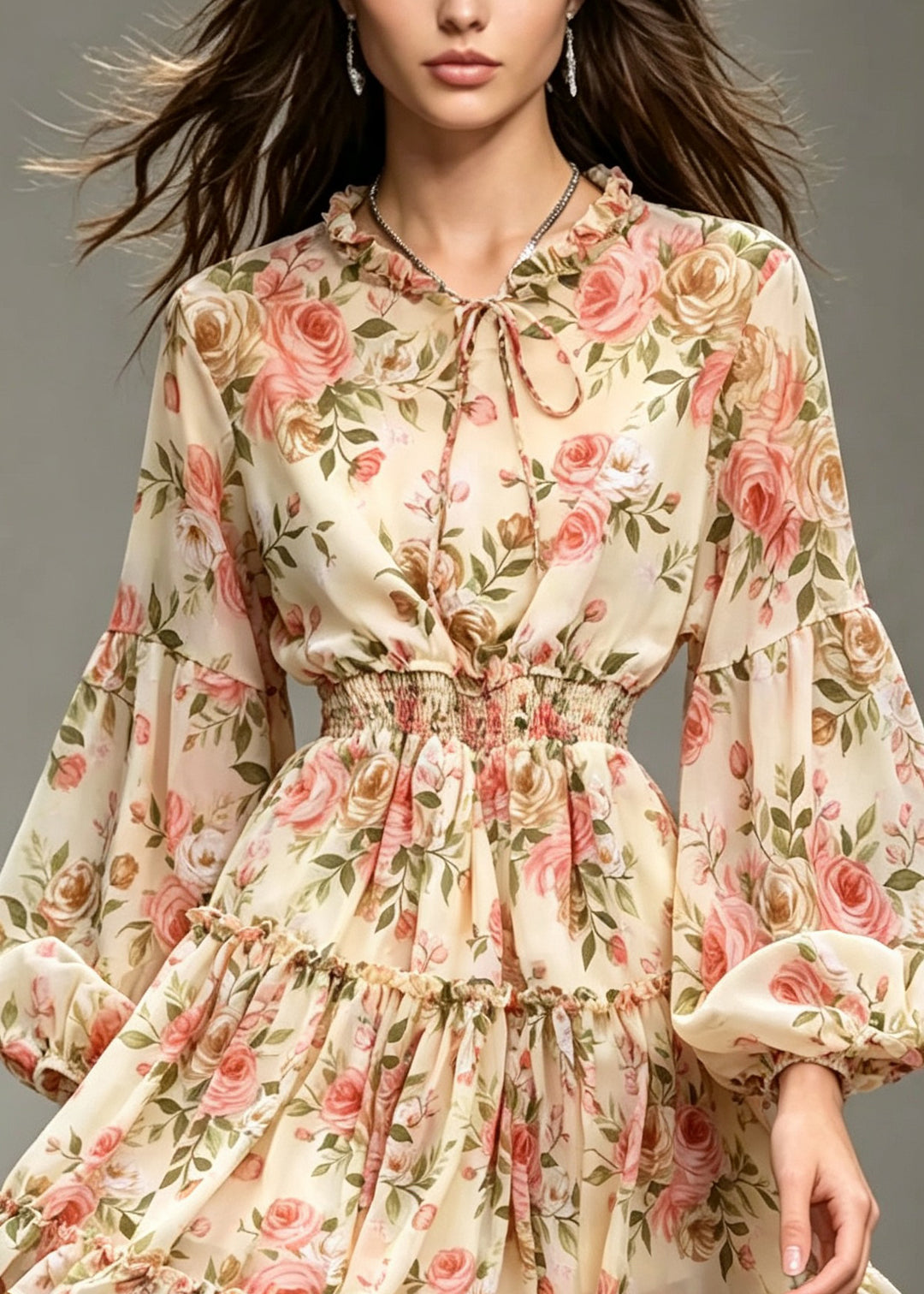 Style Apricot Ruffled Print Patchwork Chiffon Dresses Lantern Sleeve