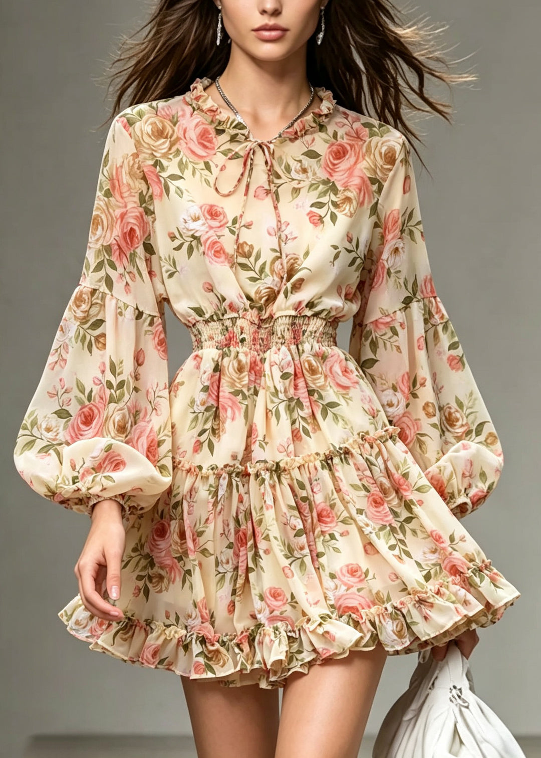 Style Apricot Ruffled Print Patchwork Chiffon Dresses Lantern Sleeve