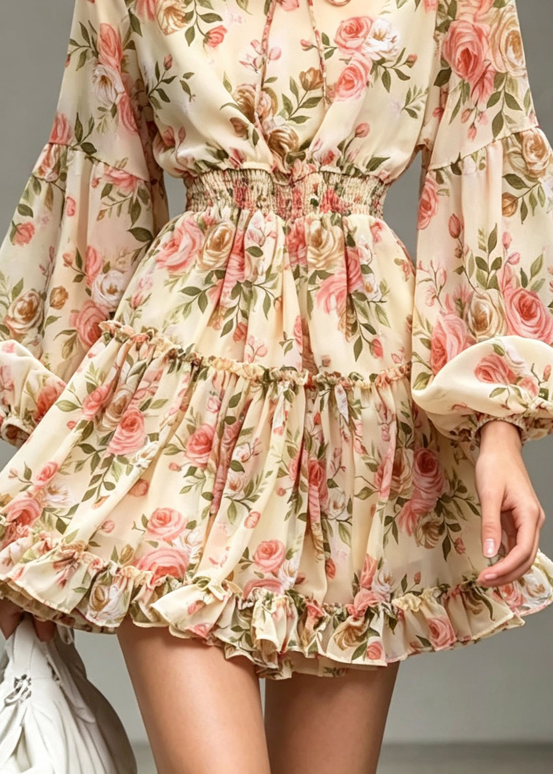 Style Apricot Ruffled Print Patchwork Chiffon Dresses Lantern Sleeve