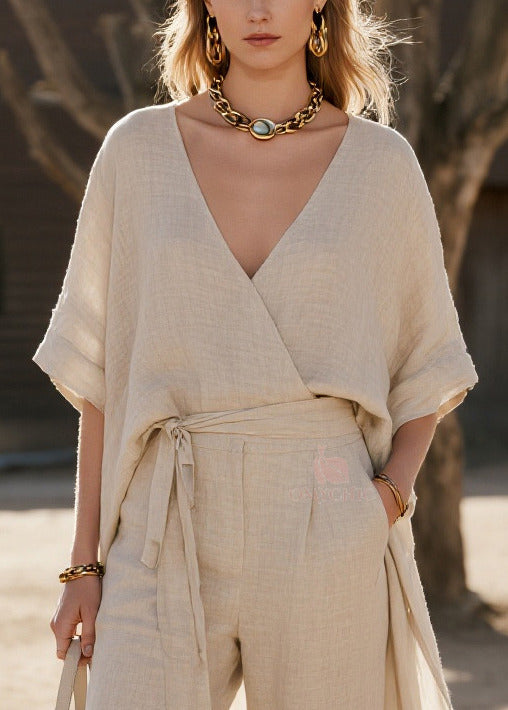 Style Apricot V Neck Low High Design Linen Two Pieces Set Summer